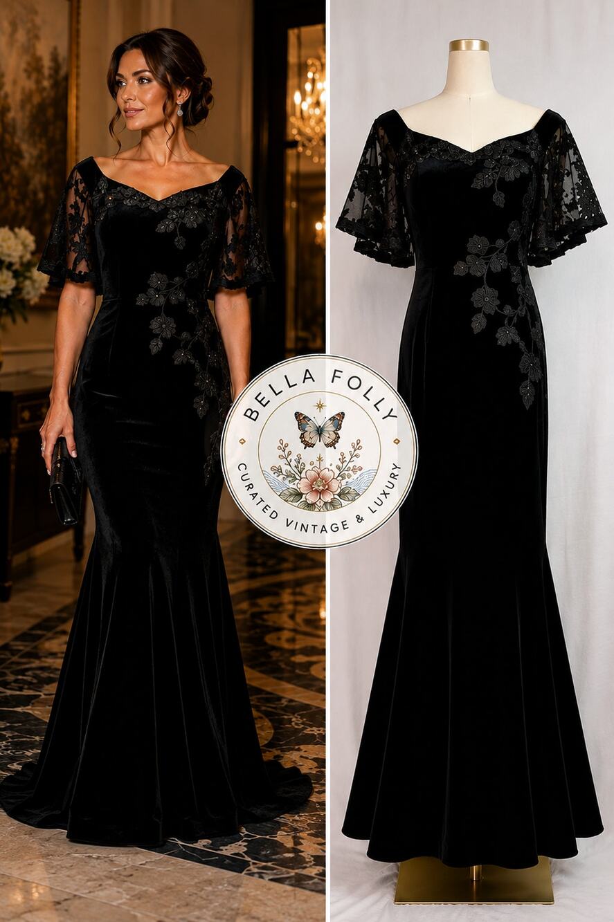 Rickie Freeman Teri Jon Black Velvet Lace Mermaid Gown 8 Black Tie Formal Goth